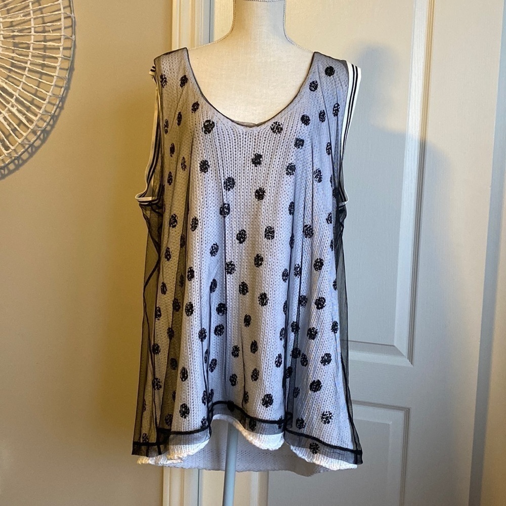 Katherine Barclay - Knit Polka Dot Tank with Mesh Overlay​​​​​​​​​​​​​​